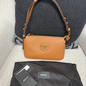 Versace Brown Leather Shoulder Bag with Gold Medusa